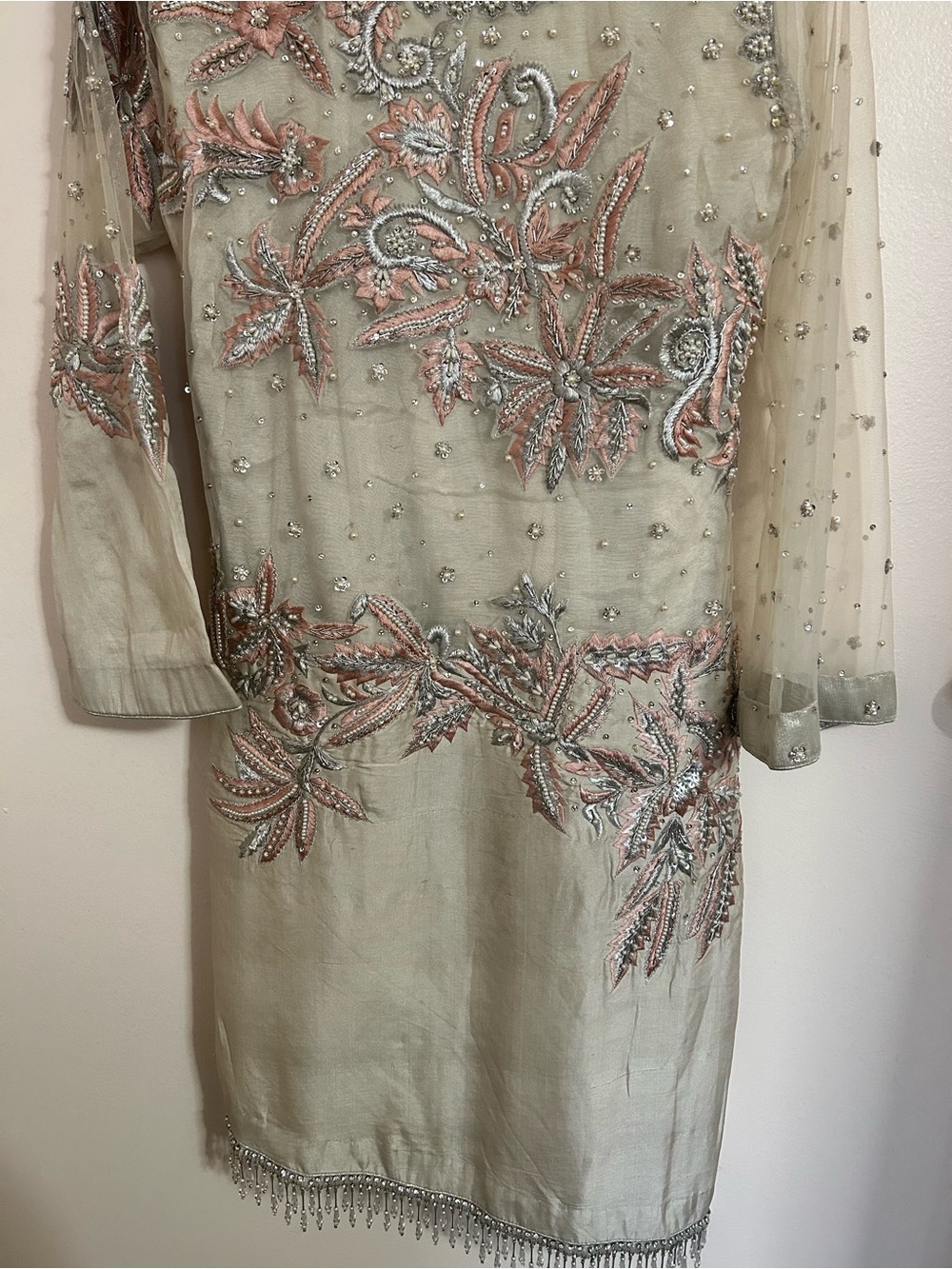 Embellished Sheer Sleeve Dress in in Light Sage with Pink Accents